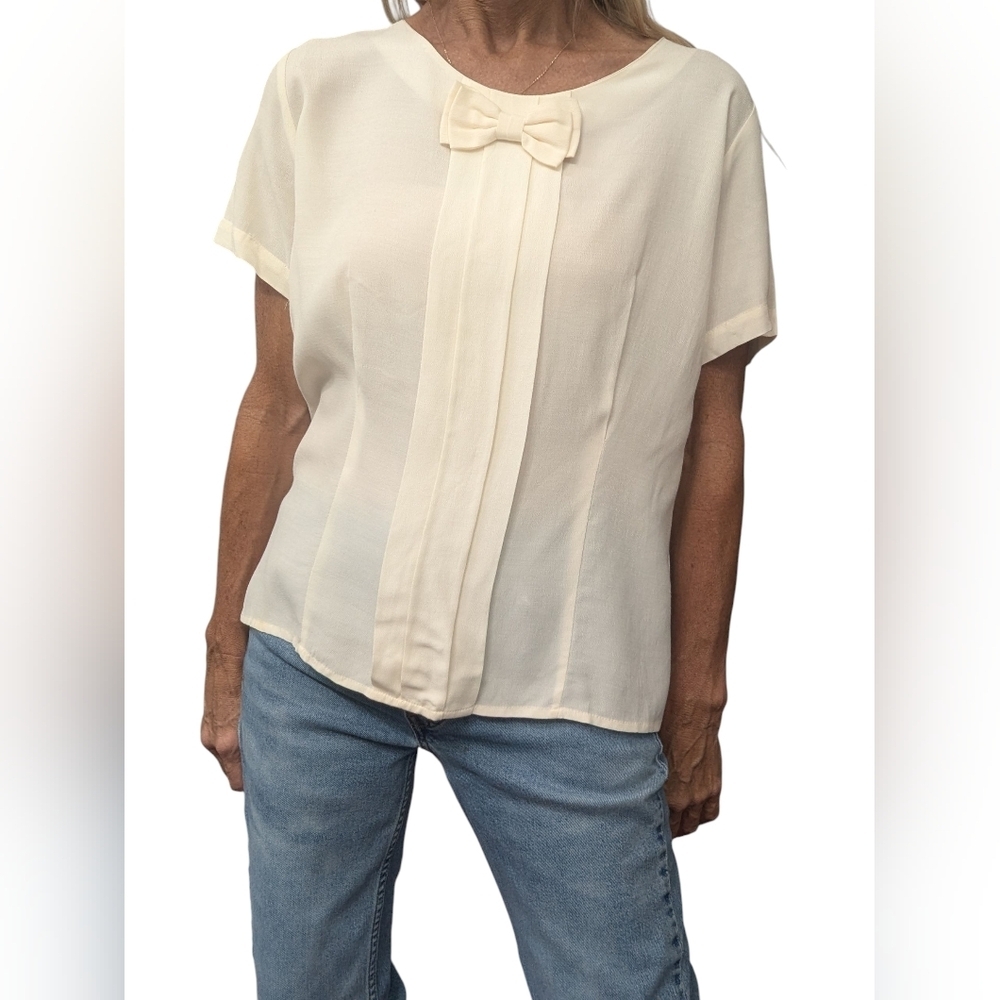 Vintage 80s Neil Martin Rayon Bow Blouse Pleated Button Back 10